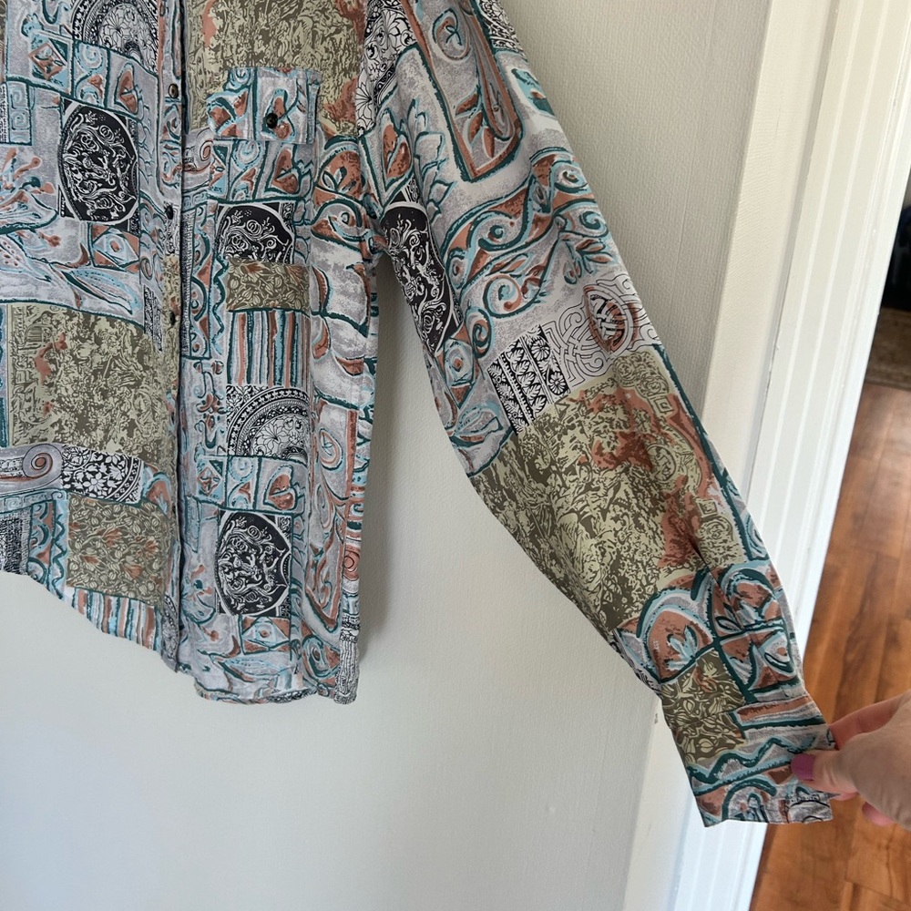 VINTAGE DIANE GILMAN 90s Silk Tapestry Button Top Oversized Lagenlook Art Wear M - Picture 6 of 13